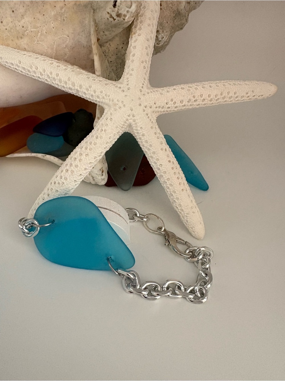 Chunky Silver Chain Bracelet with Teal Sea Glass Accents